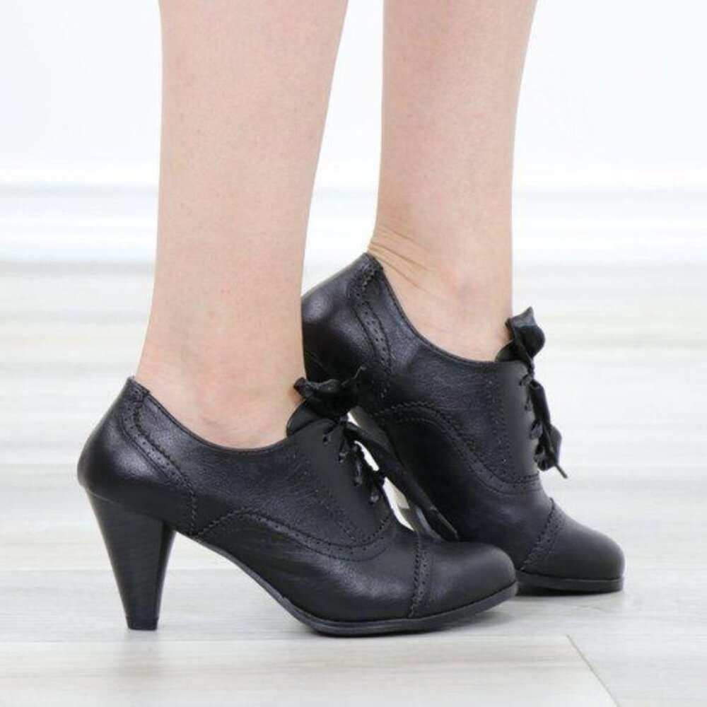 Laced-Up Low Cut Ankle Boots Women's Heeled Oxford - Picture 12 of 15